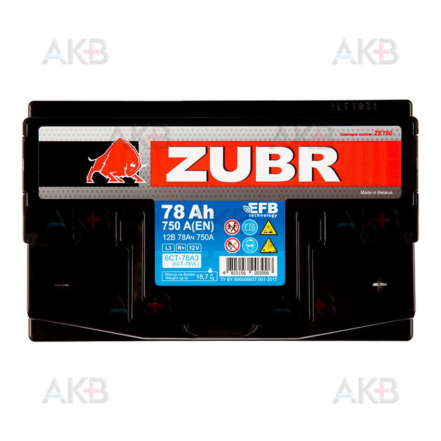 Автомобильный аккумулятор ZUBR EFB 78 Ач 750А (278x175x190) обр. пол.