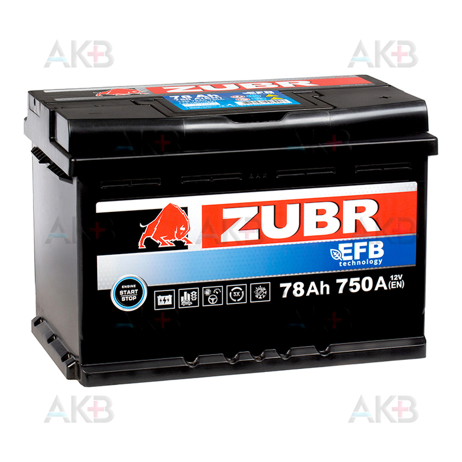 Автомобильный аккумулятор ZUBR EFB 78 Ач 750А (278x175x190) обр. пол.