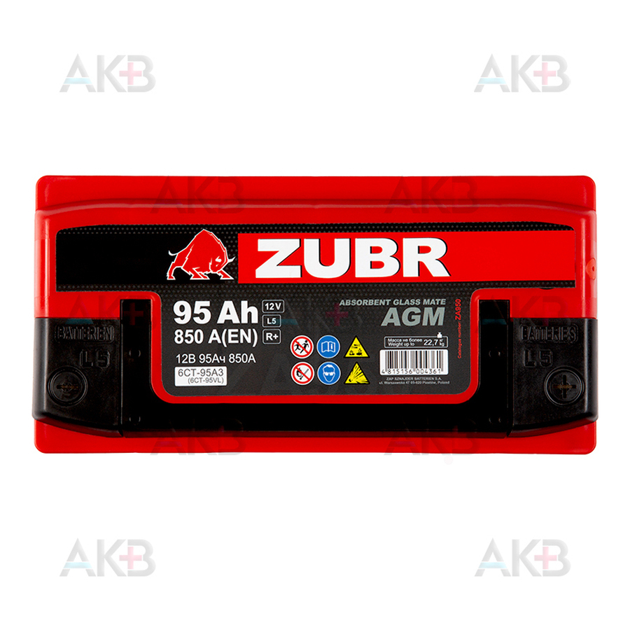 Автомобильный аккумулятор ZUBR AGM 95 Ач 850A (353x175x190) обр. пол.