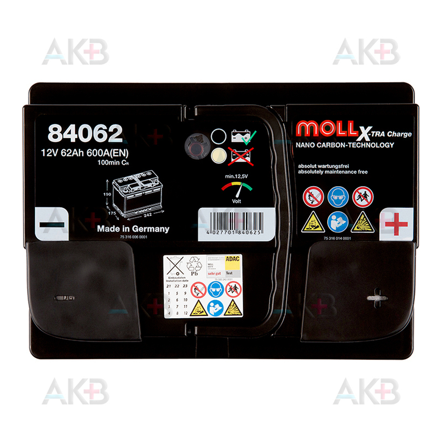 Автомобильный аккумулятор Moll X-TRA charge 62 Ач 600A обр. пол. (242x175x190) 84062