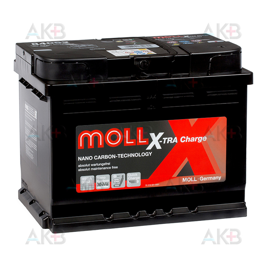 Автомобильный аккумулятор Moll X-TRA charge 62 Ач 600A обр. пол. (242x175x190) 84062