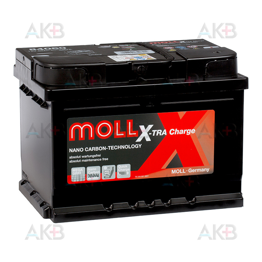 Автомобильный аккумулятор Moll X-TRA charge 60 Ач 600A обр. пол. (242x175x175) 84060