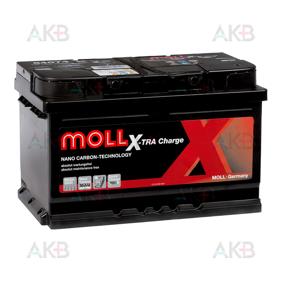 Автомобильный аккумулятор Moll X-TRA charge 74 Ач 700A обр. пол. (278x175x175) 84074