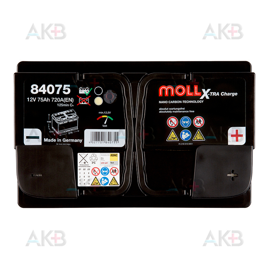 Автомобильный аккумулятор Moll X-TRA charge 75 Ач 720A обр. пол. (276x175x190) 84075