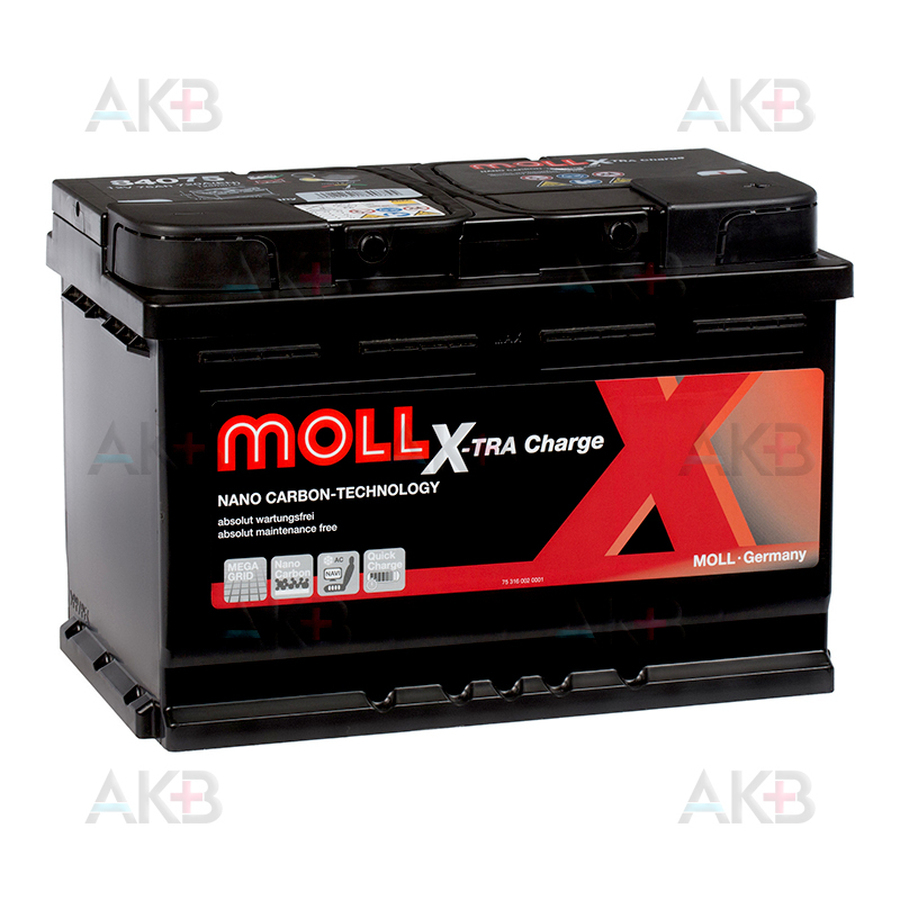Автомобильный аккумулятор Moll X-TRA charge 75 Ач 720A обр. пол. (276x175x190) 84075