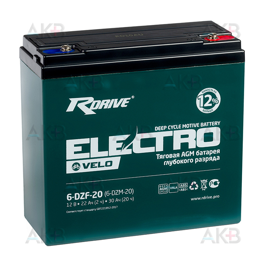 Мото аккумулятор Rdrive Electro Velo 6-DZF-20 (6-DZM-20) 30 Ач (181x77x167)