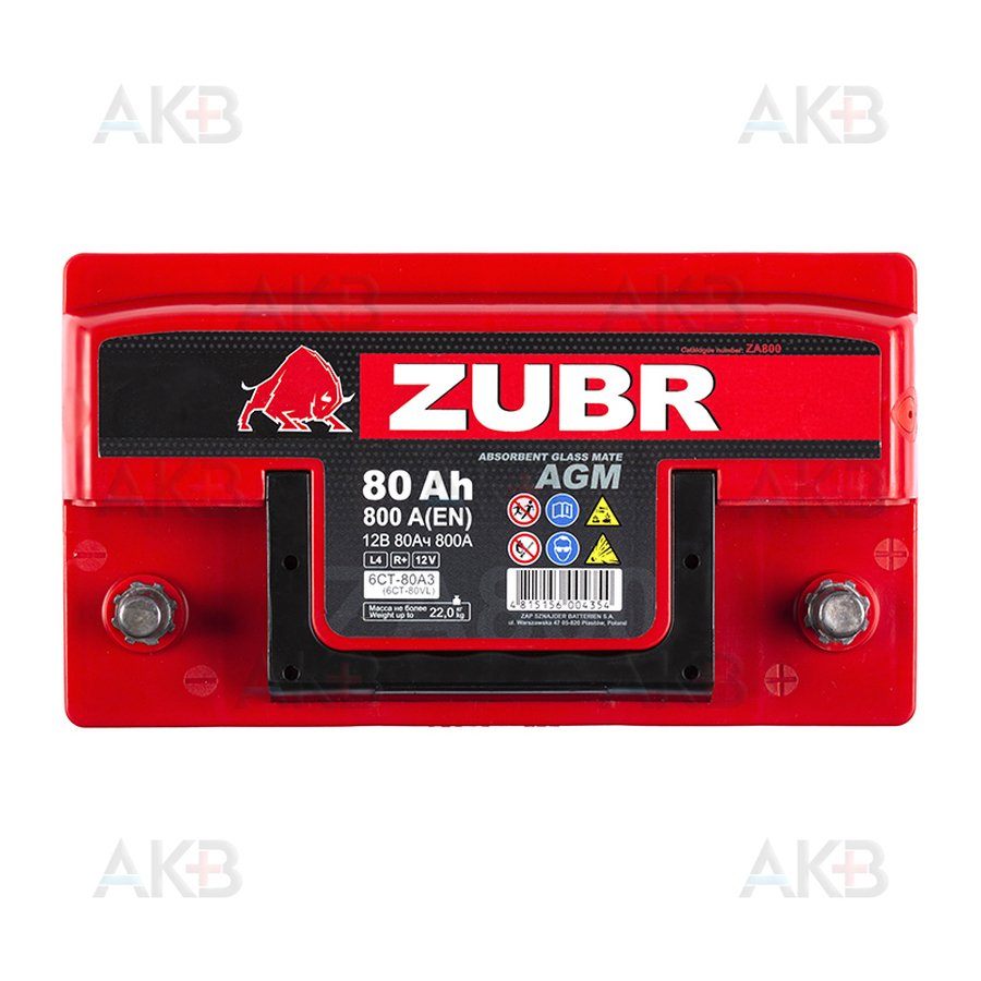 Автомобильный аккумулятор ZUBR AGM 80 Ач 800A (315x175x190) обр. пол.