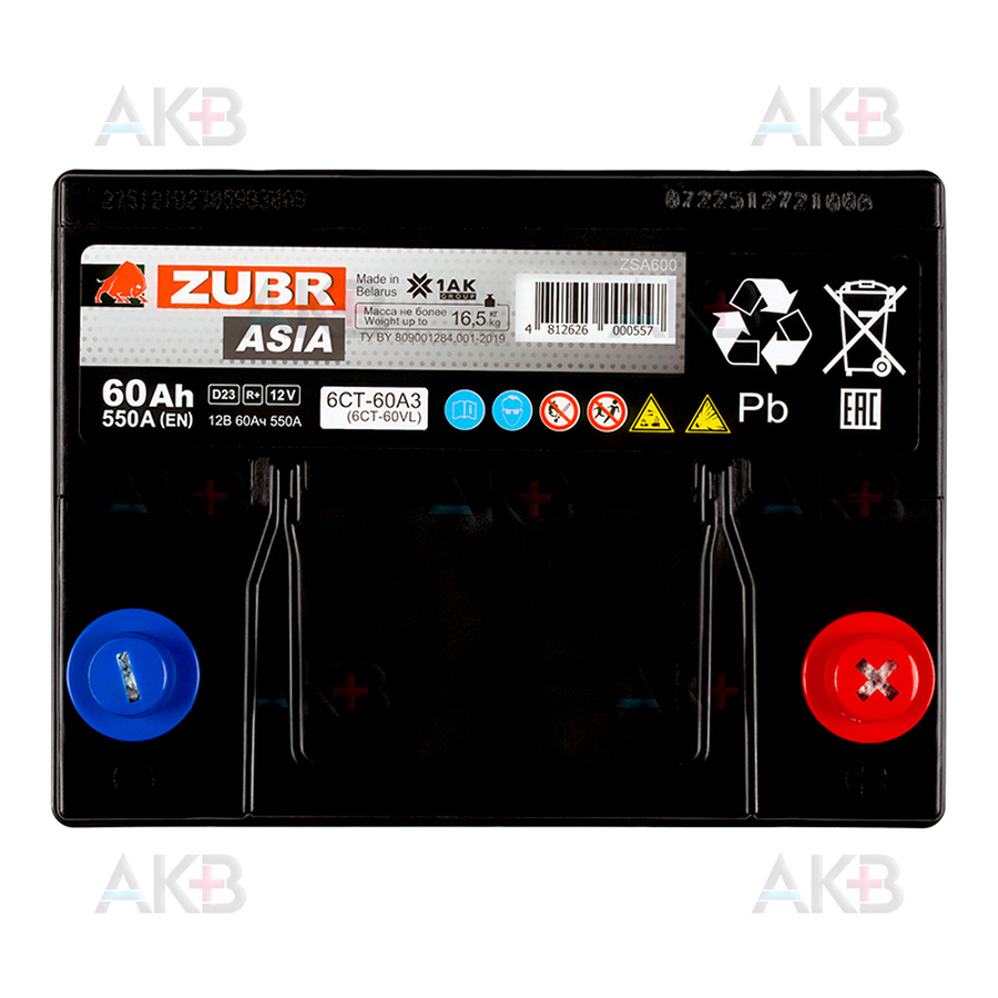 Автомобильный аккумулятор ZUBR Ultra Asia 60 Ач 550A (232x173x225) обр. пол.