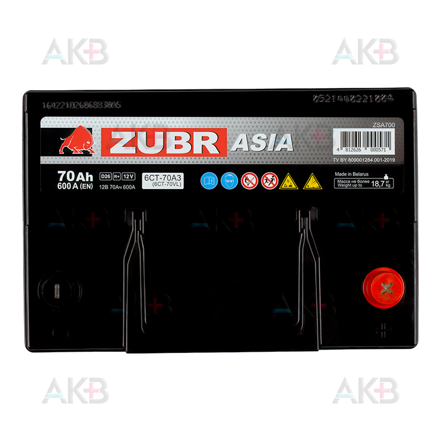 Автомобильный аккумулятор ZUBR Ultra Asia 70 Ач 600A (260x173x225) обр. пол.