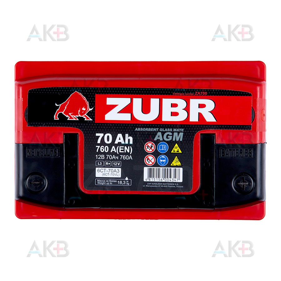Автомобильный аккумулятор ZUBR AGM 70 Ач 760A (278x175x190) обр. пол.