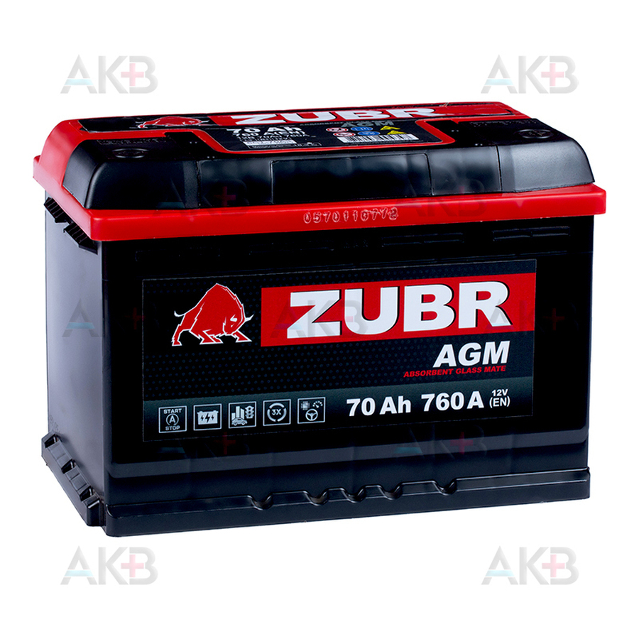 Автомобильный аккумулятор ZUBR AGM 70 Ач 760A (278x175x190) обр. пол.