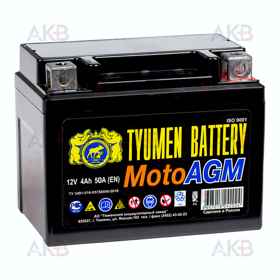 Мото аккумулятор TYUMEN BATTERY 6МТС-4 AGM 12V 4Ah 50А (114x71x86) YTX4L-BS