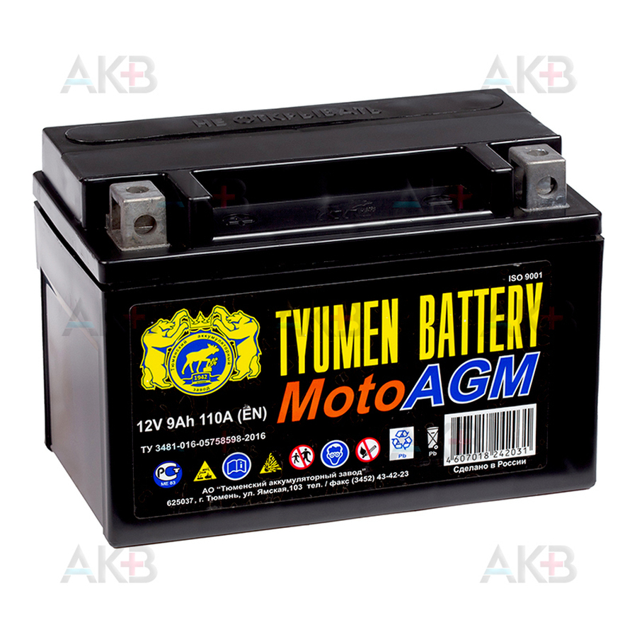Мото аккумулятор TYUMEN BATTERY 6МТС-9 AGM 12V 9Ah 110А (150x87x105) YTX9-BS