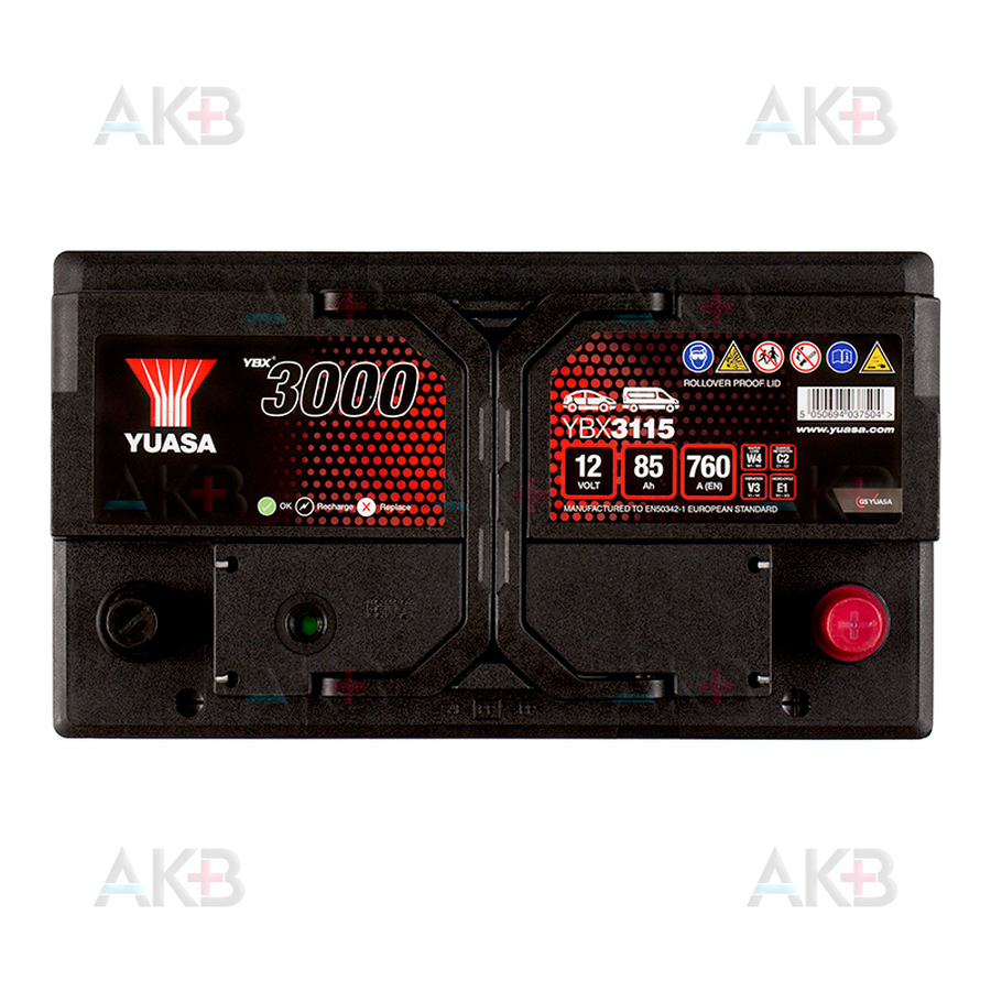 Автомобильный аккумулятор YUASA YBX3115 85 Ач 760А обр. пол. (315x175x190)