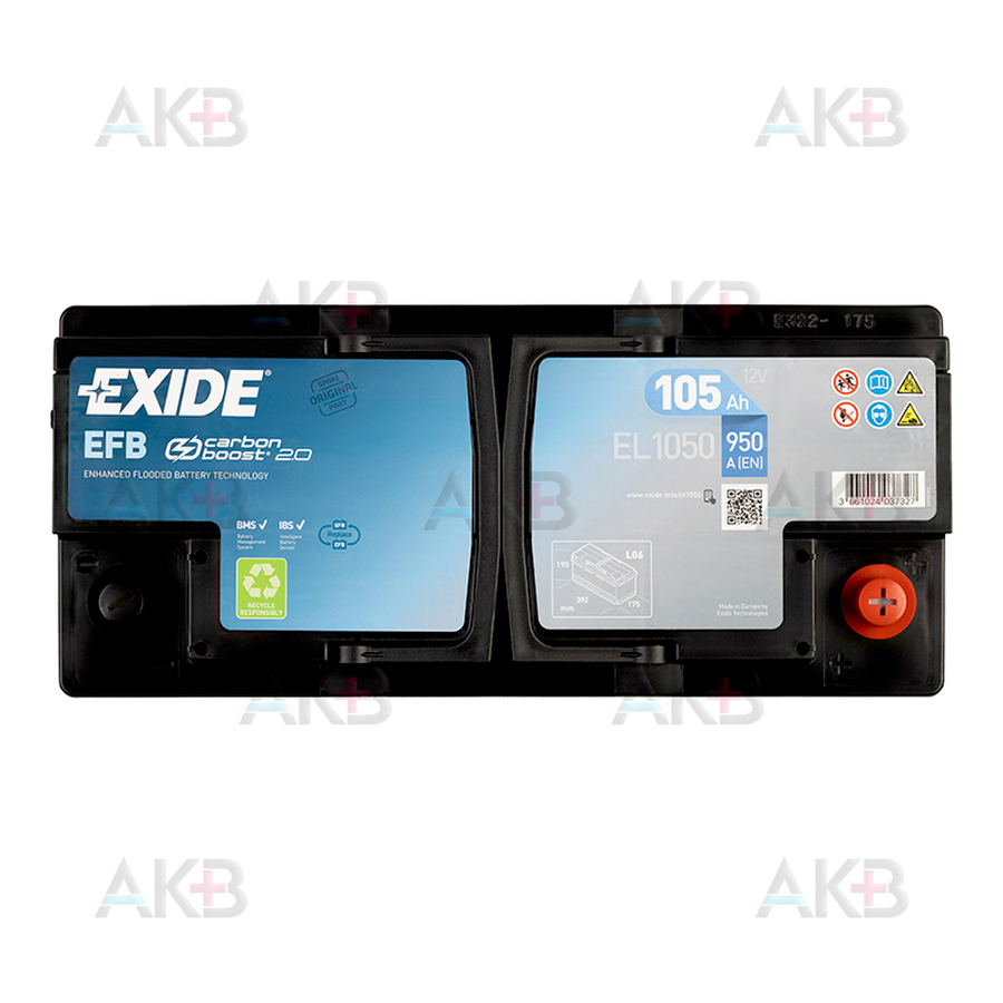 Автомобильный аккумулятор Exide Start-Stop EFB 105 Ah 950А (393x175x190) EL1050