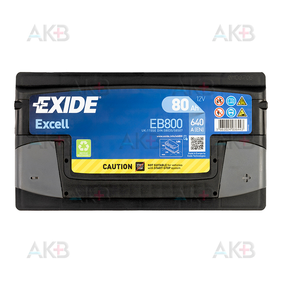 Автомобильный аккумулятор Exide Excell 80 Ач 640A обр. пол. (315x175x190) EB800