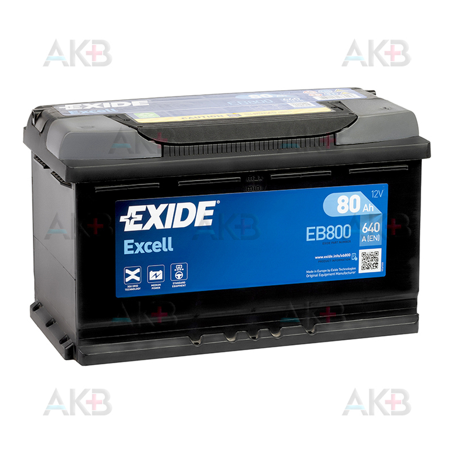 Автомобильный аккумулятор Exide Excell 80 Ач 640A обр. пол. (315x175x190) EB800