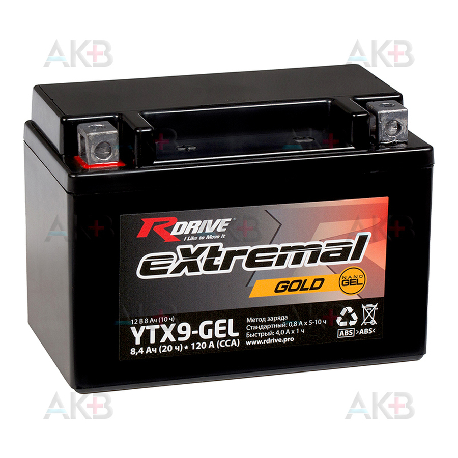 Мото аккумулятор RDrive YTX9-GEL 12V 8.4Ah 120А прям. пол. (150x87x105) eXtremal GOLD