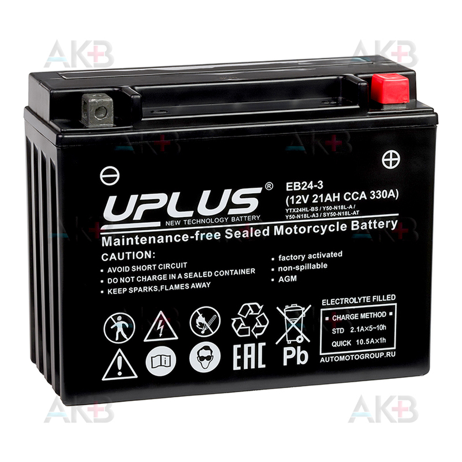 Мото аккумулятор Uplus EB24-3 12V 21Ah 330А обр.пол. (205x87x162) Super Start AGM