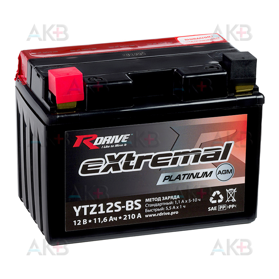 Мото аккумулятор RDrive YTZ12S-BS 12V 11,6Ah 210А прям. пол. AGM (150x87x110) eXtremal PLATINUM