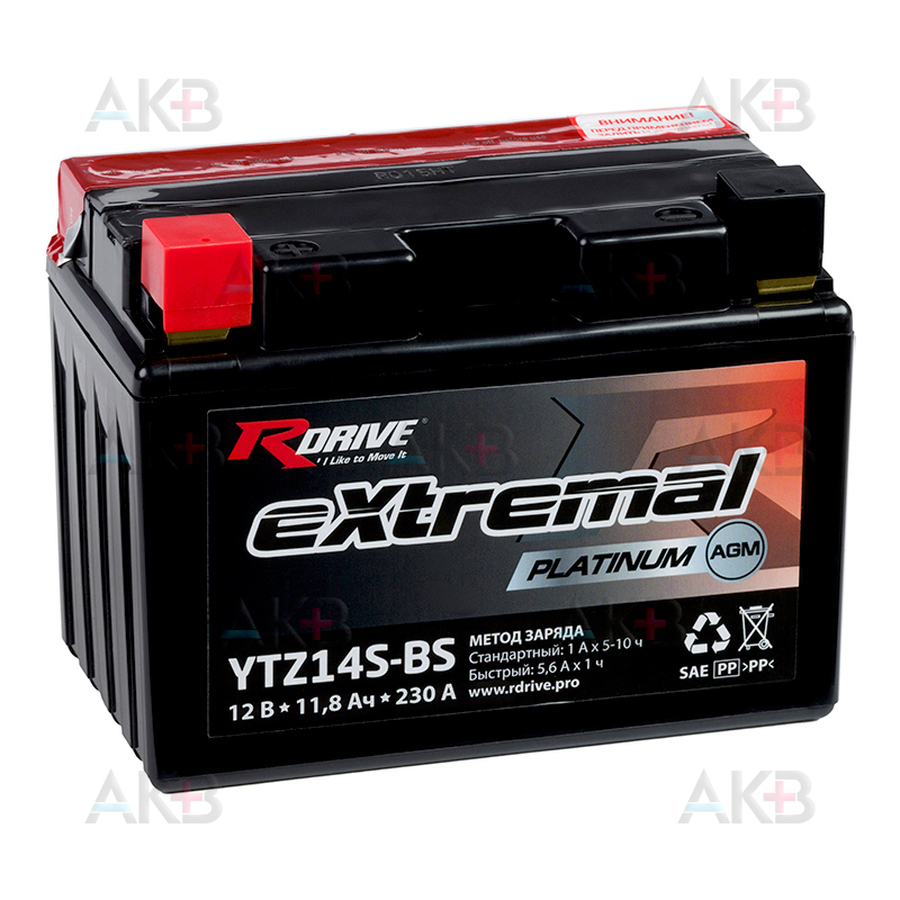 Мото аккумулятор RDrive YTZ14S-BS 12V 11,8Ah 230А прям. пол. AGM (150x87x110) eXtremal PLATINUM
