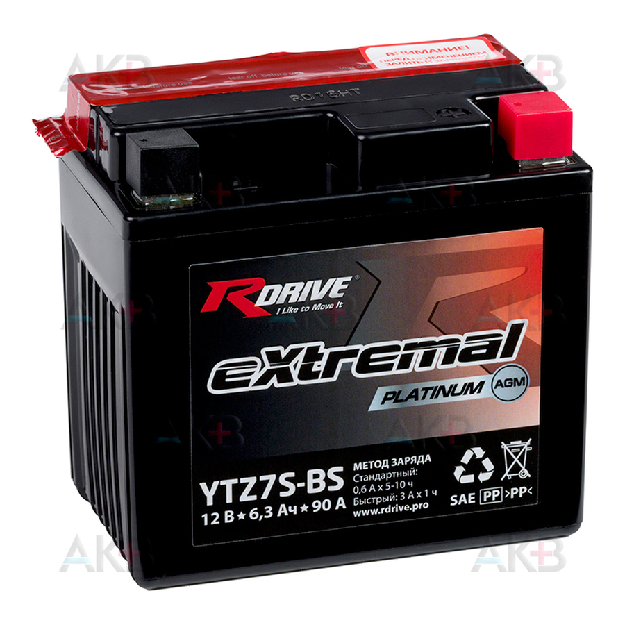 Мото аккумулятор RDrive YTZ7S-BS 12V 6,3Ah 90А обр. пол. AGM (113x70x105) eXtremal PLATINUM сухозаряж