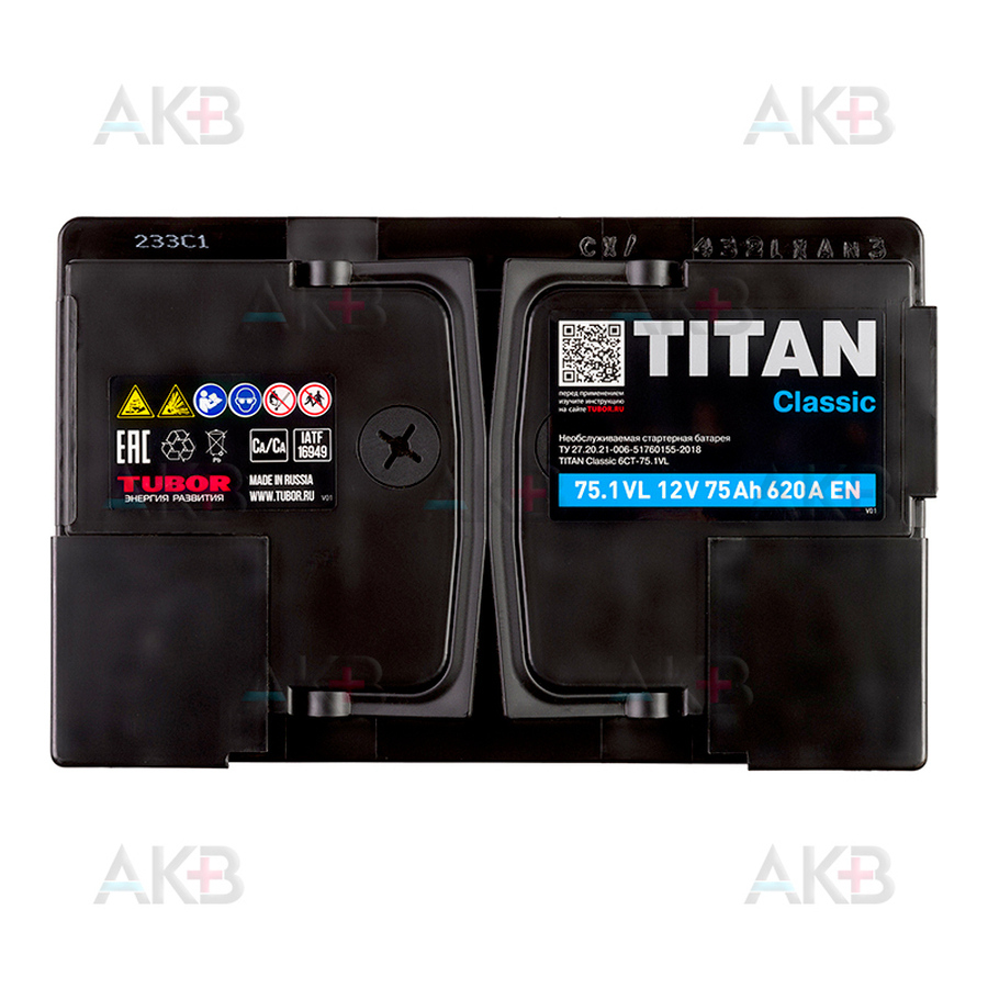 Автомобильный аккумулятор Titan Classic 75 Ач 620A прям. пол. (278x175x190) 6CT-75.1 VL