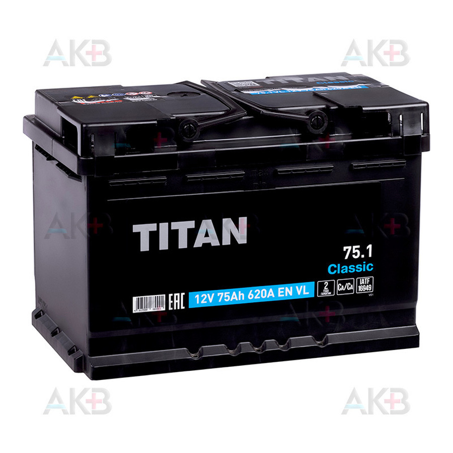 Автомобильный аккумулятор Titan Classic 75 Ач 620A прям. пол. (278x175x190) 6CT-75.1 VL