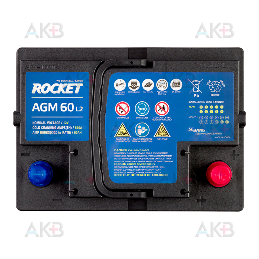 Автомобильный аккумулятор Rocket AGM L2 60Ah 640A обр пол. (242х175х190)