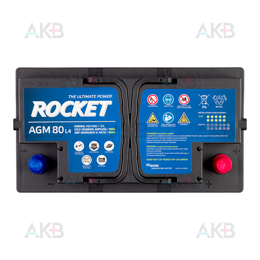 Автомобильный аккумулятор Rocket AGM L4 80Ah 800A обр пол. (315х175х190)