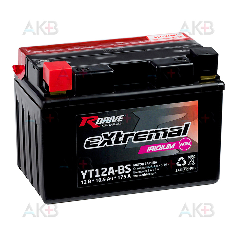 Мото аккумулятор RDrive YT12A-BS 12V 10.5Ah 175А прям. пол. AGM сухозаряж. (150x87x105) eXtremal IRIDIUM