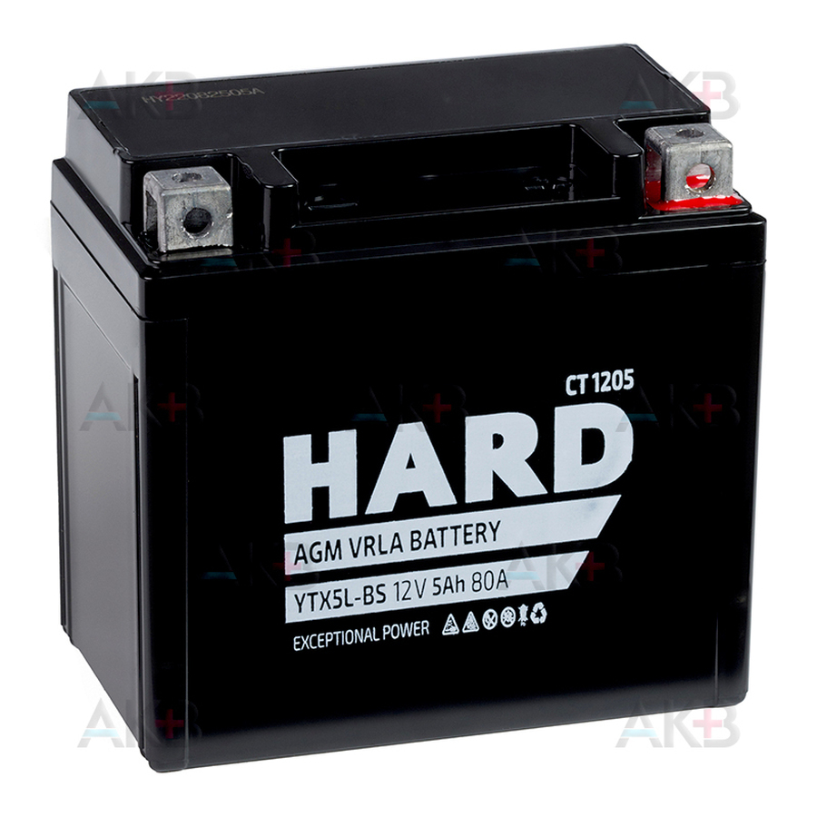 Мото аккумулятор HARD YTX5L-BS 12V 5Ah 80А (113x70x105) СТ 1205 обр. пол.