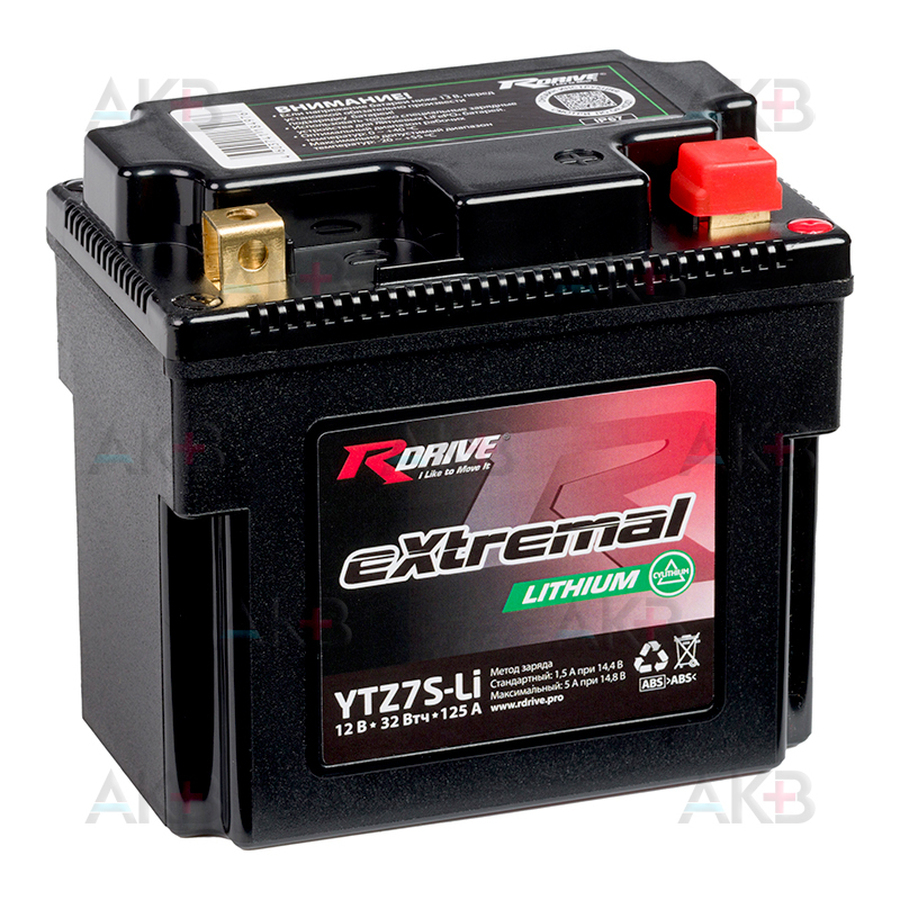 Мото аккумулятор Rdrive LITHIUM YTZ7S-Li 12V 32 Втч 2,5 Ah 125А обр. пол. (113x70x105) CYLITHIUM (LiFePO4)