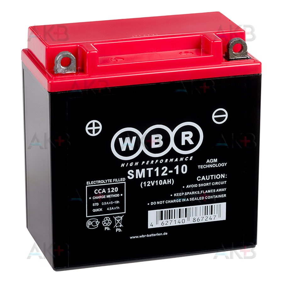 Мото аккумулятор WBR SMT12-10 AGM 10 Ач 120А прямая пол.(135x75x140) YB9A-A, YB9-B, 12N9-4B-1