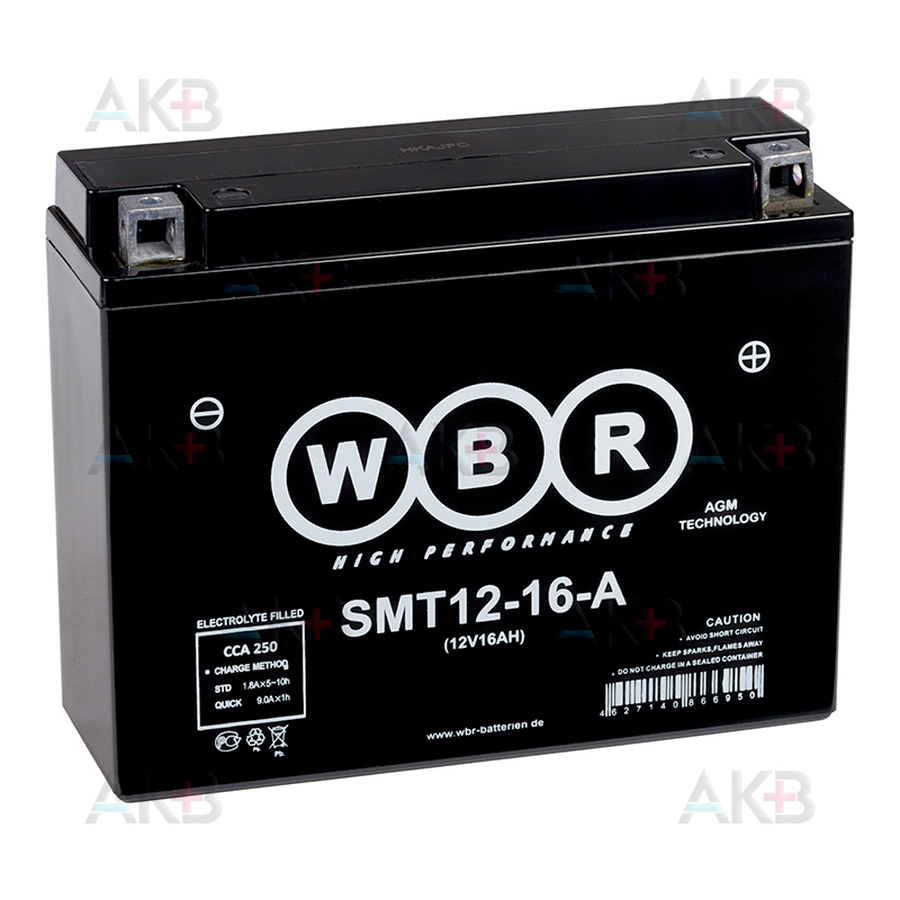 Мото аккумулятор WBR SMT12-16A AGM 16 Ач 250А обратная пол.(205x87x162) YB16AL-A2