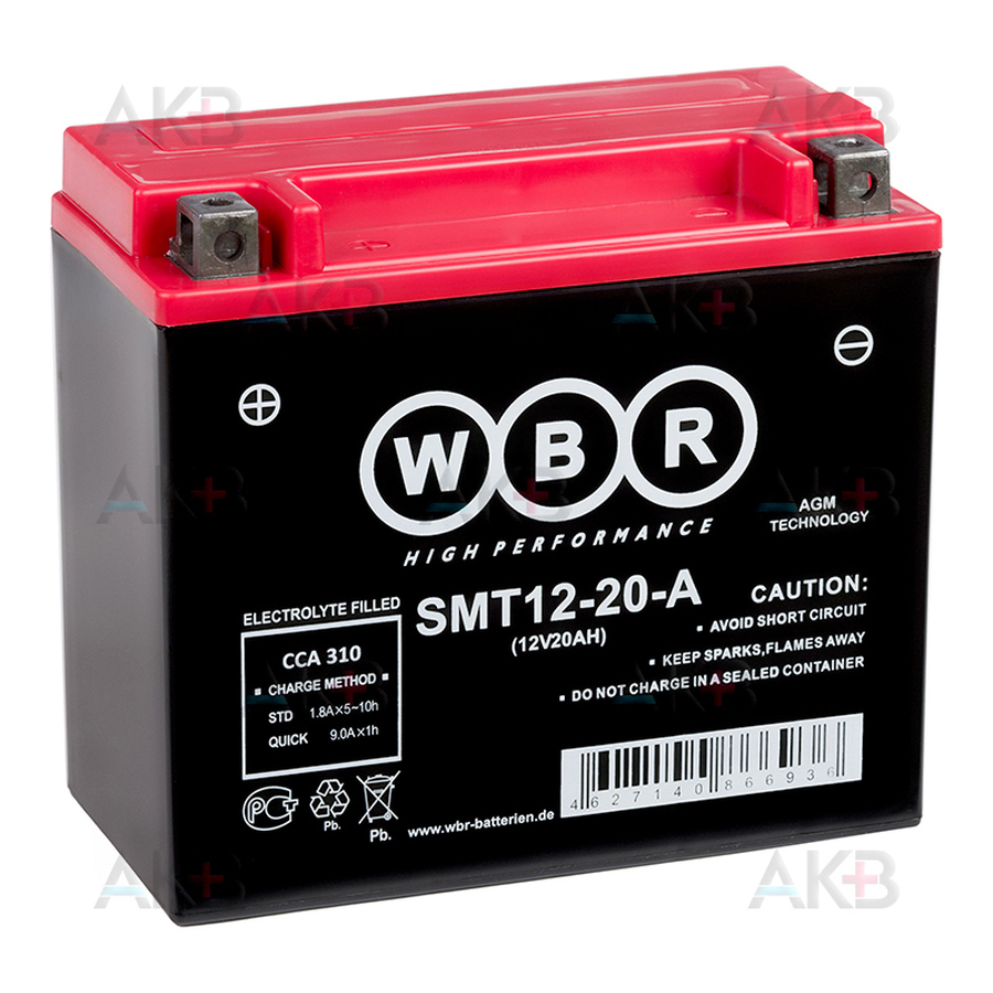 Мото аккумулятор WBR SMT12-20-A AGM 20 Ач 310А прямая пол. (175x87x155) YTX20H-BS