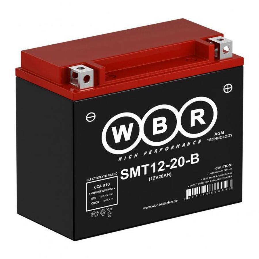 Мото аккумулятор WBR SMT12-20-B AGM 20 Ач 310А обратная пол. (175x87x155) YTX20L-BS, YTX20HL-BS, YB16L-B, YB18L-A
