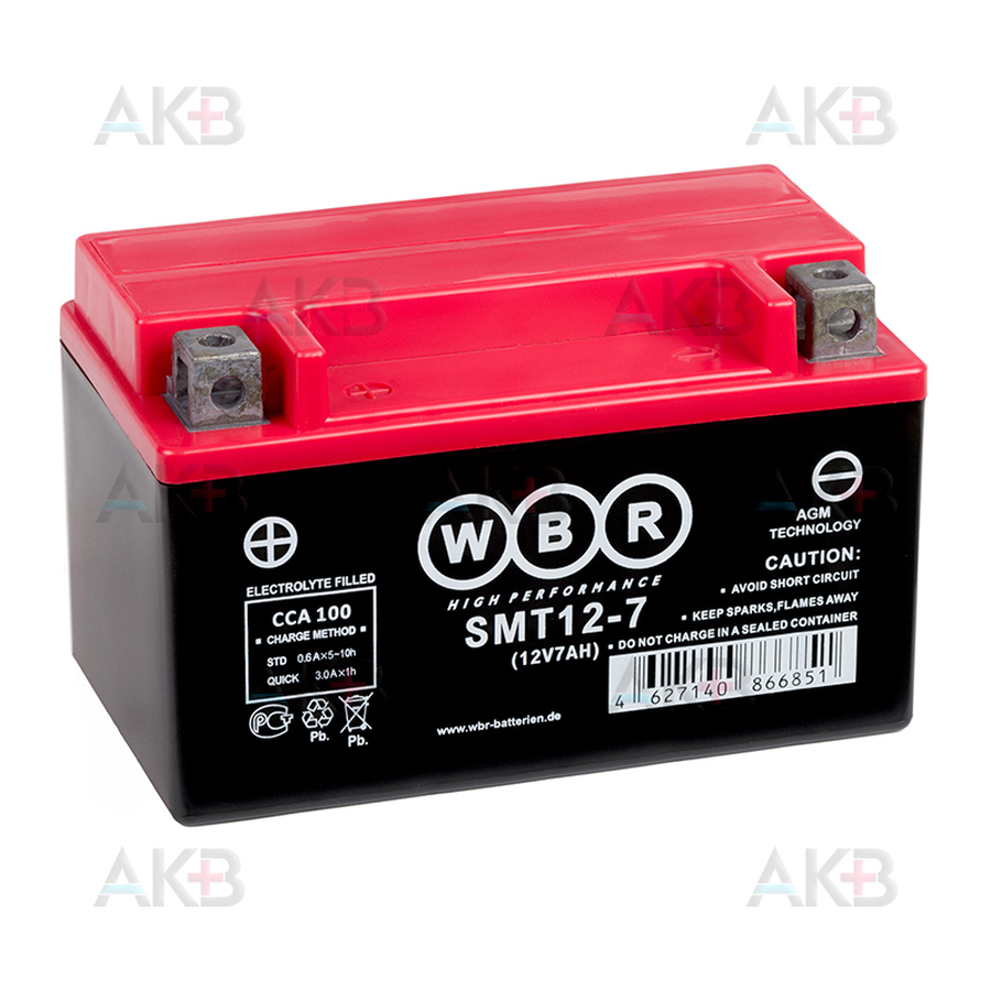Мото аккумулятор WBR SMT12-7 AGM 7 Ач 90А прямая пол.(150x87x93) YTX7A-BS
