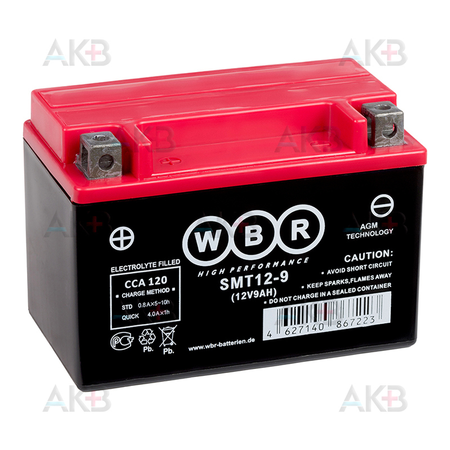 Мото аккумулятор WBR SMT12-9 AGM 9 Ач 120А прямая пол.(150x87x105) YTX9-BS, YTX9