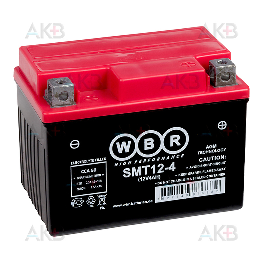 Мото аккумулятор WBR SMT12-4 AGM 4 Ач 50А обратная пол.(114x71x86) YT4L-BS