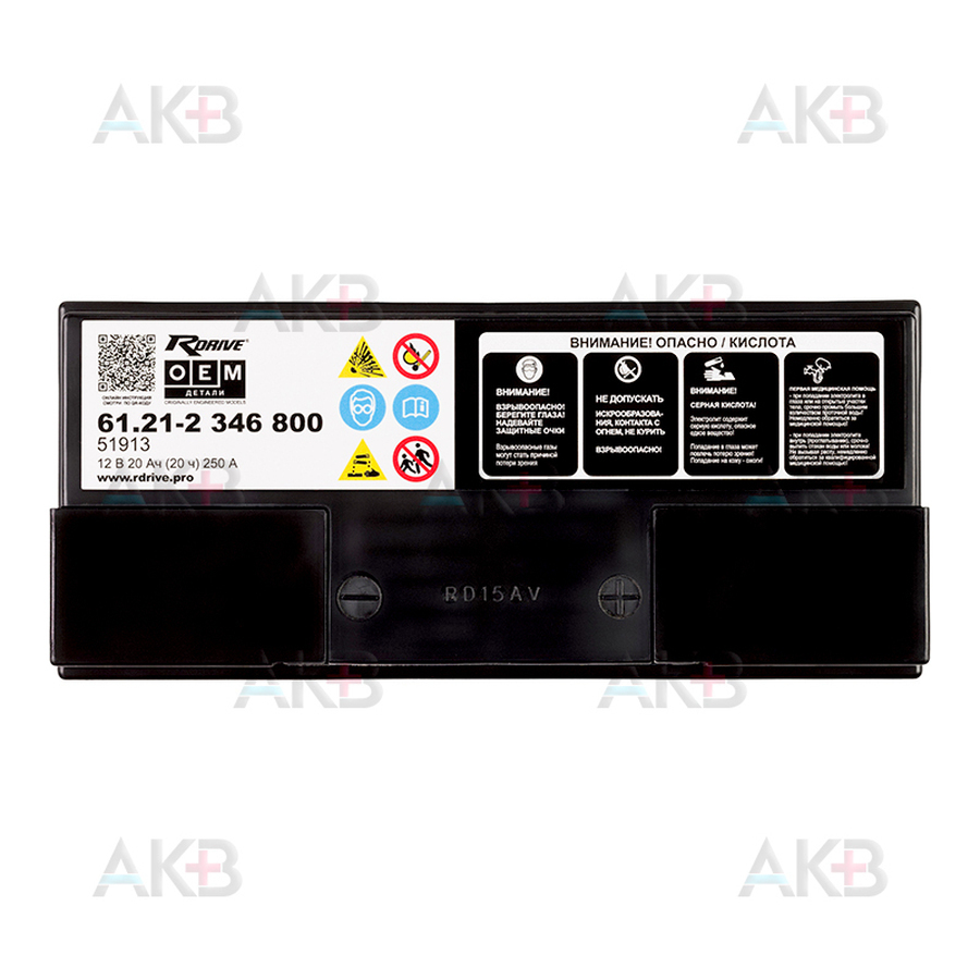 Мото аккумулятор RDrive OEM AGM 51913 12V 20Ah 250А обр. пол. (185x80x170) 61.21-2 346 800 BMW