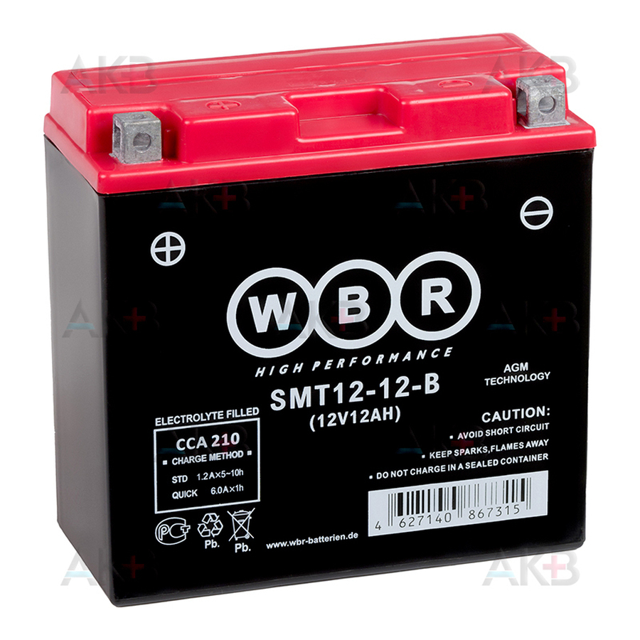 Мото аккумулятор WBR SMT12-12-B AGM 12 Ач 210А прямая пол.(150x69x145) YT14B-BS