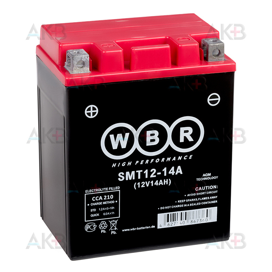 Мото аккумулятор WBR SMT12-14 AGM 14 Ач 210А прямая пол.(150x87x145) YTX16-BS, YB16B-A
