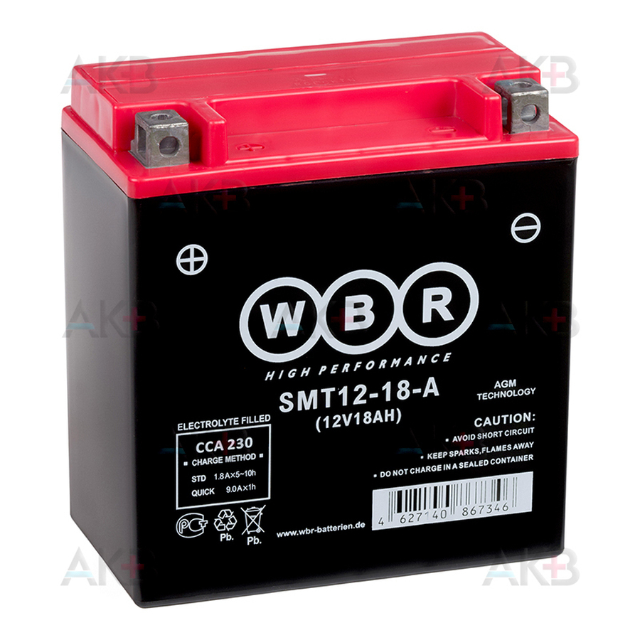 Мото аккумулятор WBR SMT12-18-A AGM 18 Ач 230А прямая пол. (150x87x161) YTX20H-BS