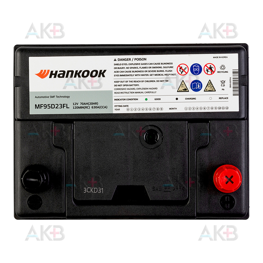 Автомобильный аккумулятор Hankook 95D23FL 70Ah 630А (229х172х225)