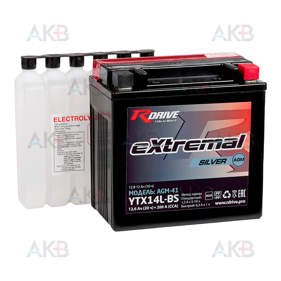 Мото аккумулятор RDrive YTX14L-BS 12V 12Ah 200А обр. пол. AGM сухозаряж. (150x87x145) eXtremal SILVER