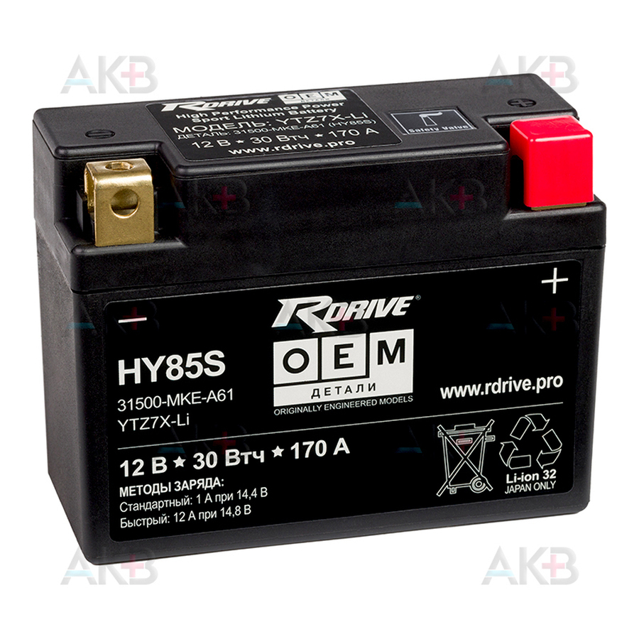 Мото аккумулятор Rdrive OEM Детали YTZ7X-Li 12V 2.3Ah 30 Втч 170А обр. пол. (114x49x86) LiFePO4 31500-MKE-A61 HONDA