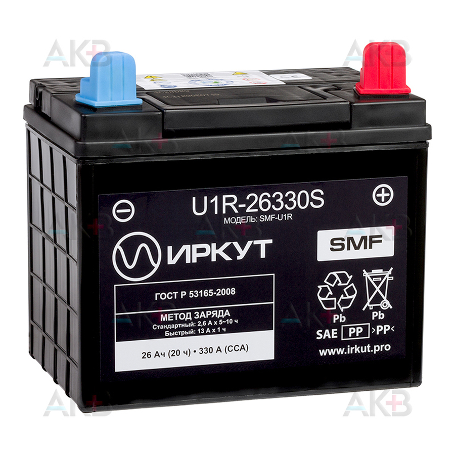 Мото аккумулятор ИРКУТ U1R-26330S (SMF-U1R) 12V 26Ah 330A обратная. пол. (196x132x185)