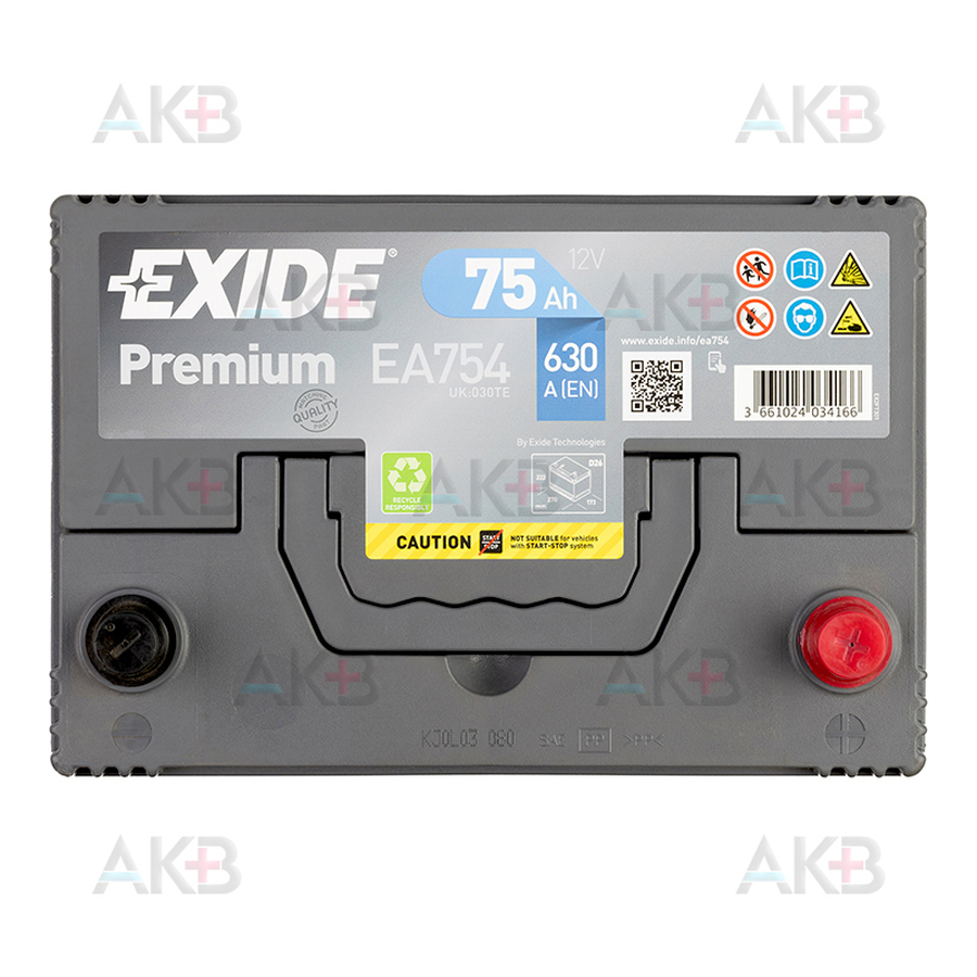 Автомобильный аккумулятор Exide Premium 75R (630А 261x173x225) EA754