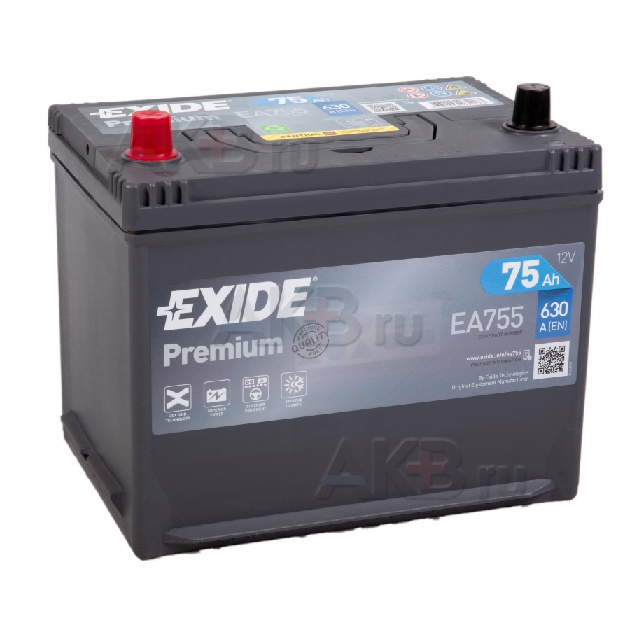 Автомобильный аккумулятор Exide Premium 75L (630А 261x173x225) EA755